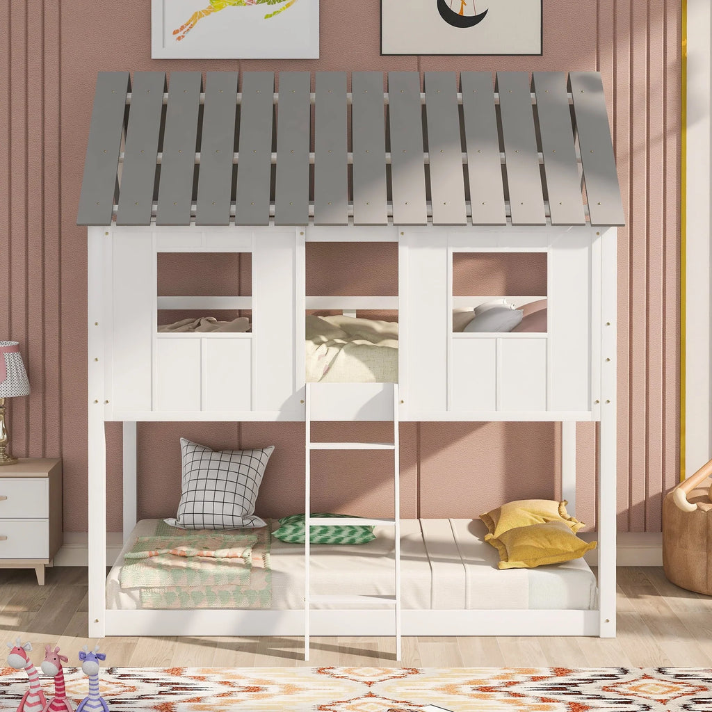 Lit superposé bas Euroco avec deux lits simples, toit et barrière de sécurité pour chambre d’enfant, blanc