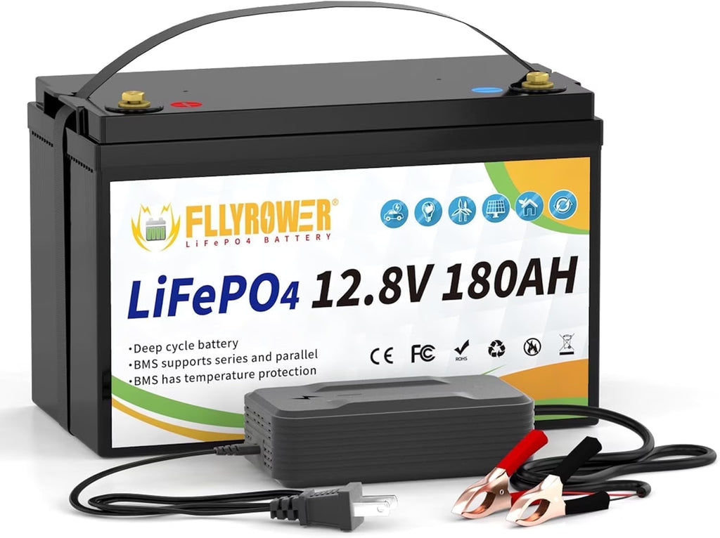 Batterie LiFePO4 12V 180Ah avec Chargeur,pour Moteur électrique Camping-car Marine Solaire Hors réseau Bateau,Batteries 15000+ Cycles profonds