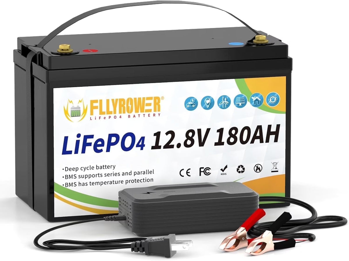 Batterie LiFePO4 12V 180Ah avec Chargeur,pour Moteur électrique Camping-car Marine Solaire Hors réseau Bateau,Batteries 15000+ Cycles profonds
