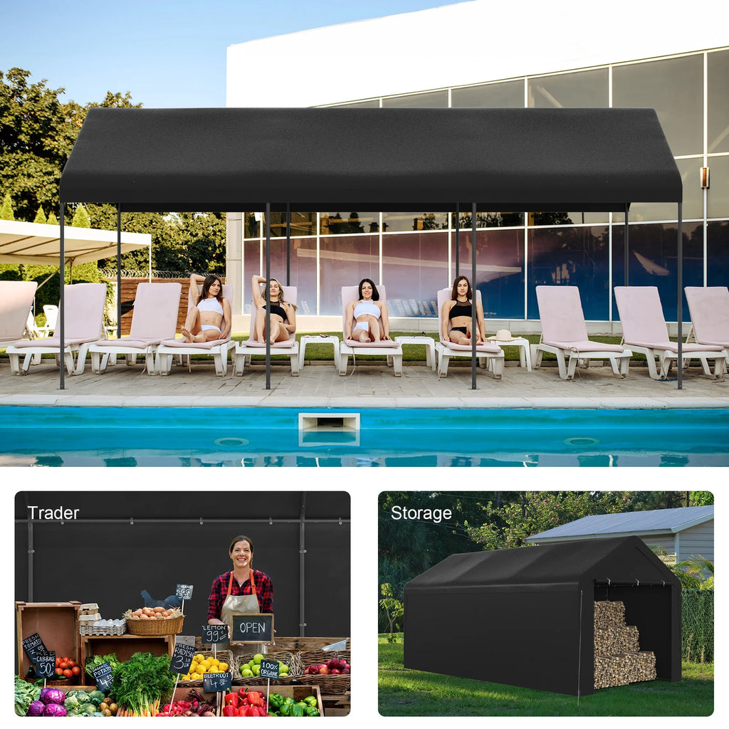 GOJOOASIS Carport, 10 x 20 Abri de voiture robuste avec paroi amovible, Garage portable en PE résistant à l'eau avec bâche toutes saisons Beige
