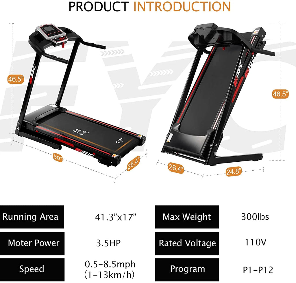 Tapis de course pliable pour la maison avec moteur de 3,5 CV, capacité de charge de 330 lb, inclinaison à 3 niveaux, surface de course de 16,5 po, vitesse de 10 mi/h, tapis de course électrique pliable avec application/Bluetooth/inclinaison