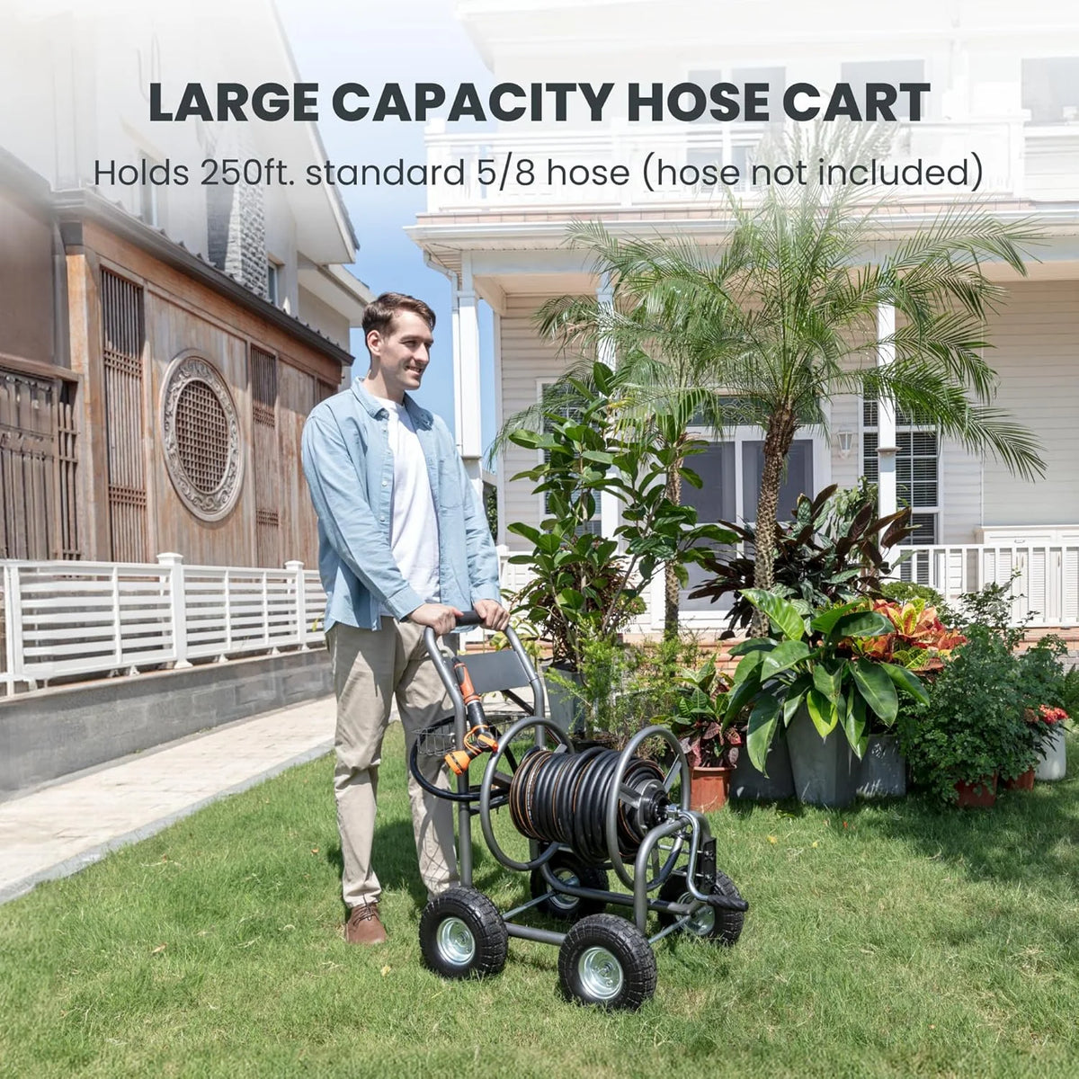 Chariot dévidoir de tuyau d'arrosage industriel robuste Giraffe Tools avec roues, capacité de 76 m (250 pi) pour tuyau de 16 mm (5/8 po)