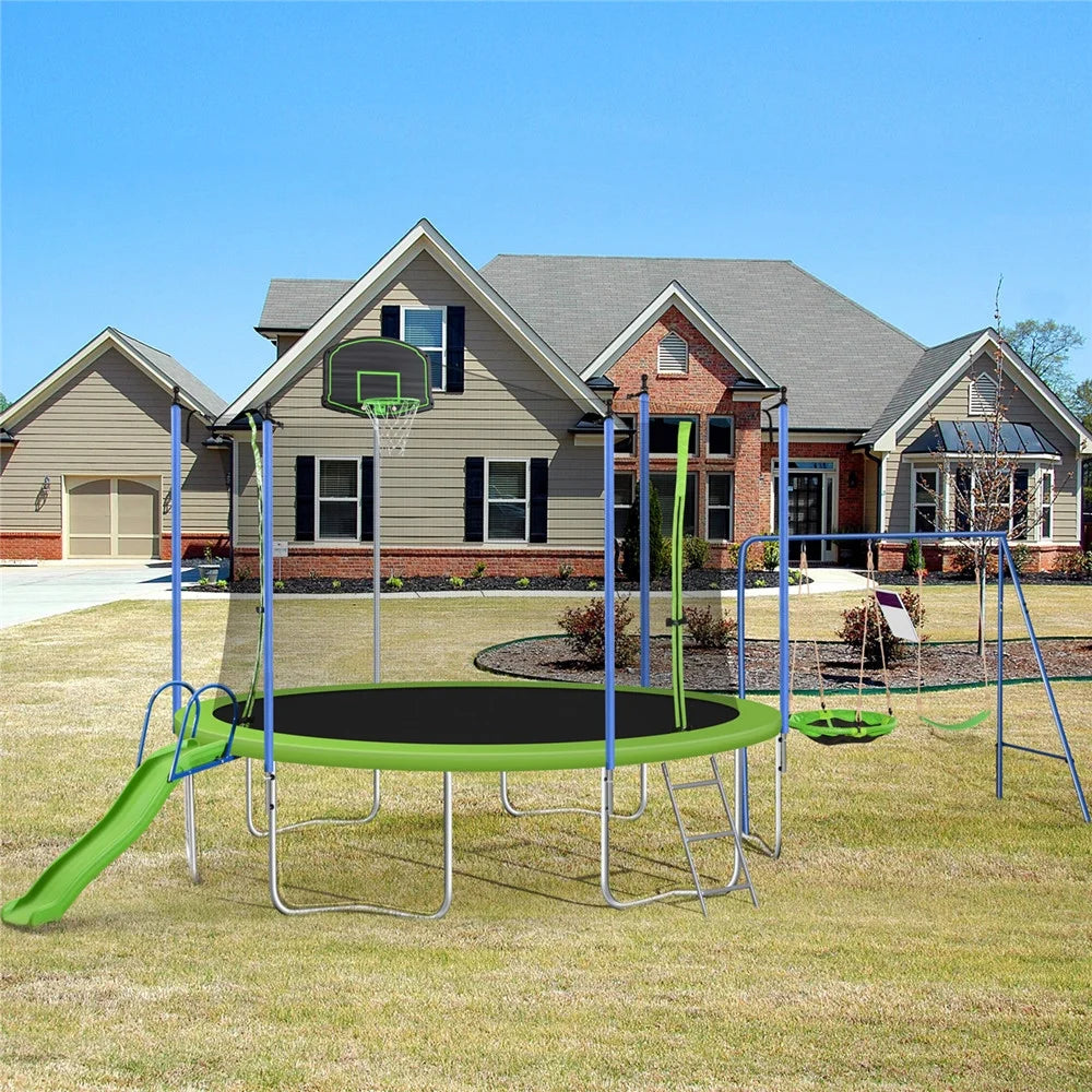 Trampoline de 12 pieds pour enfants et adultes, trampoline de loisir avec toboggan, balançoire, panier de basket et filet de protection, capacité de 600 lb pour 4 à 5 enfants