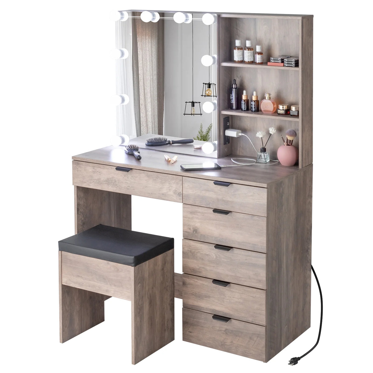 Coiffeuse Ktaxon avec miroir éclairé à 3 couleurs & station de charge, table de maquillage avec 3 étagères de rangement & tiroirs, bureau de toilette avec tabouret, gris rétro