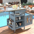 Îlot de cuisine d'extérieur en bois massif avec abattant, table pour barbecue avec plateau en acier inoxydable, chariot de bar d'extérieur et meuble de rangement avec roulettes verrouillables, tiroir, porte-épices, gris-bleu