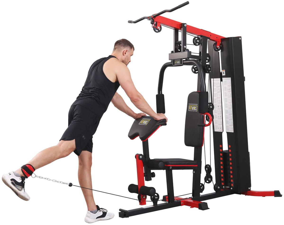 Système de musculation à domicile Fitvids LX750 avec 150 kg de résistance, colonne de poids de 55 kg, une station, livré avec une vidéo d’instructions d’installation, expédié en 5 colis