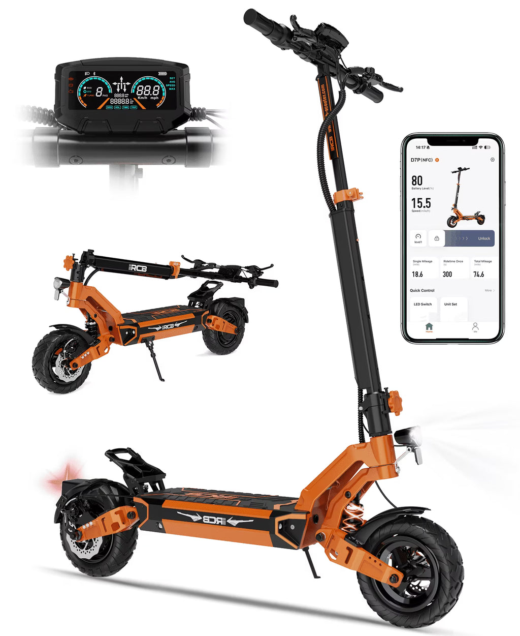Trottinette électrique pour adultes, autonomie max. 70 miles, moteur 1000 W, batterie 48 V 27 Ah, 4 pneus anti-crevaison, double amortisseur, commande par application et NFC - RCB D7PRO