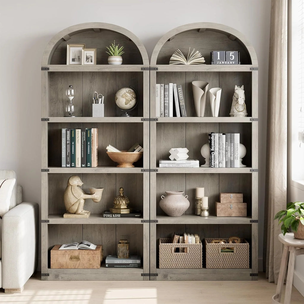 Bibliothèque à 5 étagères avec arche, 182 cm de haut, meuble de rangement et d’exposition de style rustique en bois pour bureau, salon ou maison (blanc)