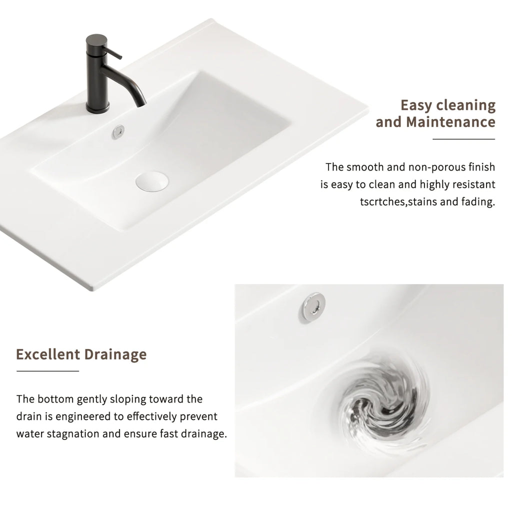 Plan de toilette de salle de bain Lisonu de 24 pouces avec lavabo intégré, en céramique blanche de porcelaine avec vasque ovale pour une salle de bain épurée et moderne