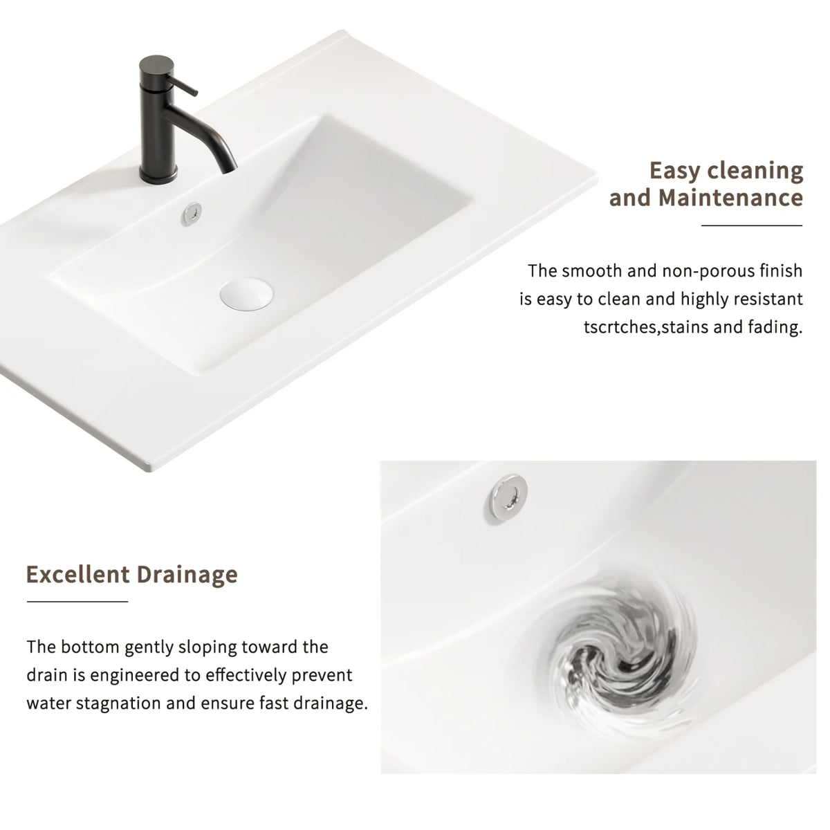 Plan de toilette de salle de bain Lisonu de 24 pouces avec lavabo intégré, en céramique blanche de porcelaine avec vasque ovale pour une salle de bain épurée et moderne