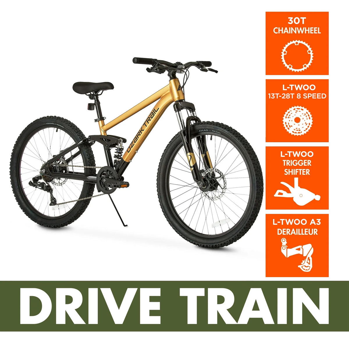 24 Ozark Trail FS.1 Epictrail Vélo tout-terrain à suspension intégrale, Pour adolescents et adultes, Tailles entre 4'6-5'6, Argent