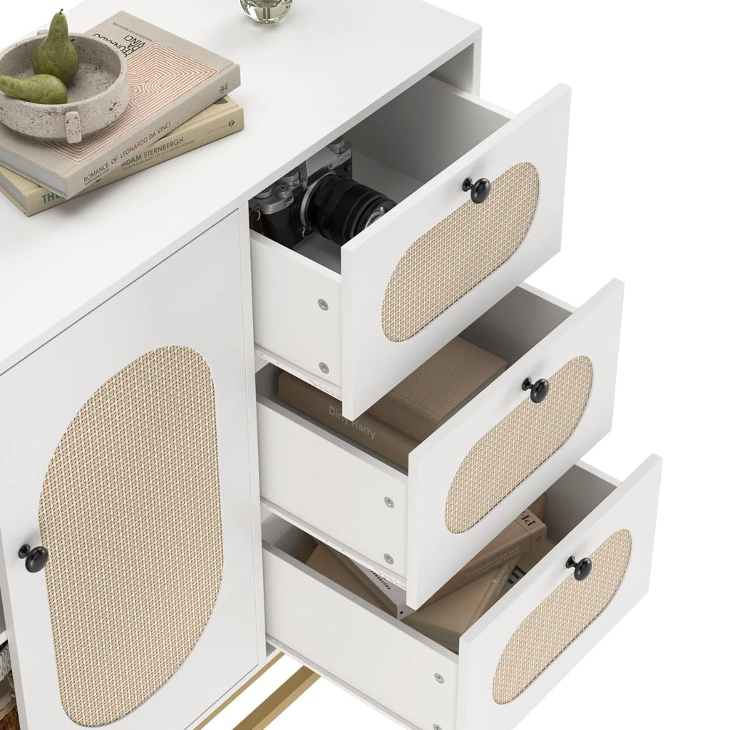 Meuble de rangement d'appoint Homfa à 3 tiroirs, buffet doré de 34,2 H avec portes en rotin pour salon, blanc