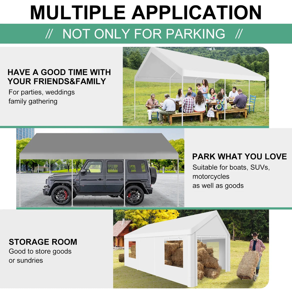 COBIZI Carport 10'x20' Grande tente pour voiture robuste avec structure en acier thermolaqué, garage portable avec parois latérales et portes amovibles, auvent pour voiture avec bâche toutes saisons pour fête en plein air, anniversaire, gris