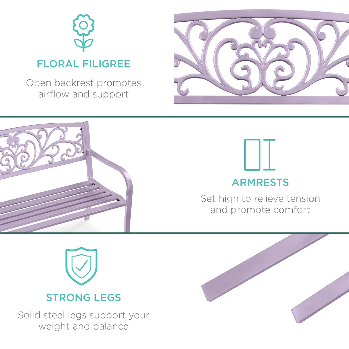 Best Choice Products Banc en Acier d'Extérieur Jardin Patio Porche Meuble avec Dossier à Motif Floral - Noir