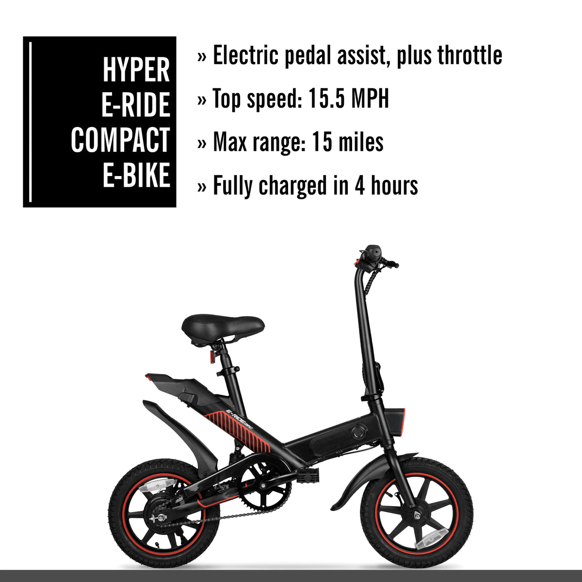 Vélo électrique compact et pliable Hyper Bicycles 14 36V avec accélérateur, moteur de 350W, âge recommandé : 14 ans et plus