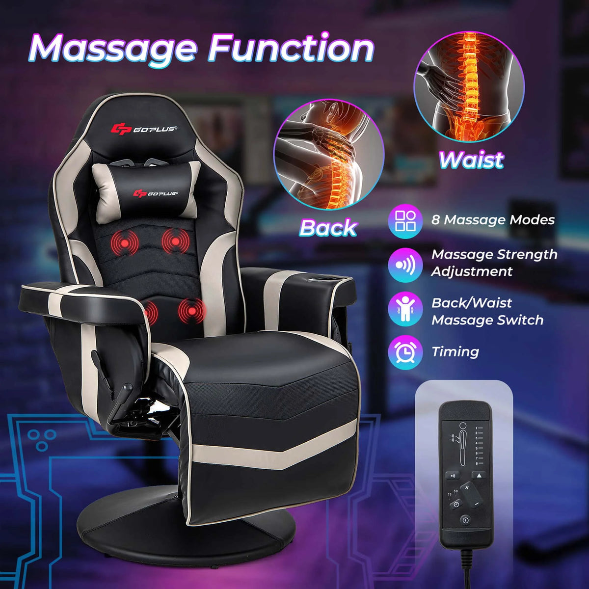 Fauteuil gaming inclinable Goplus avec massage, réglable en hauteur, pivotant, style racing, avec porte-gobelet, rouge