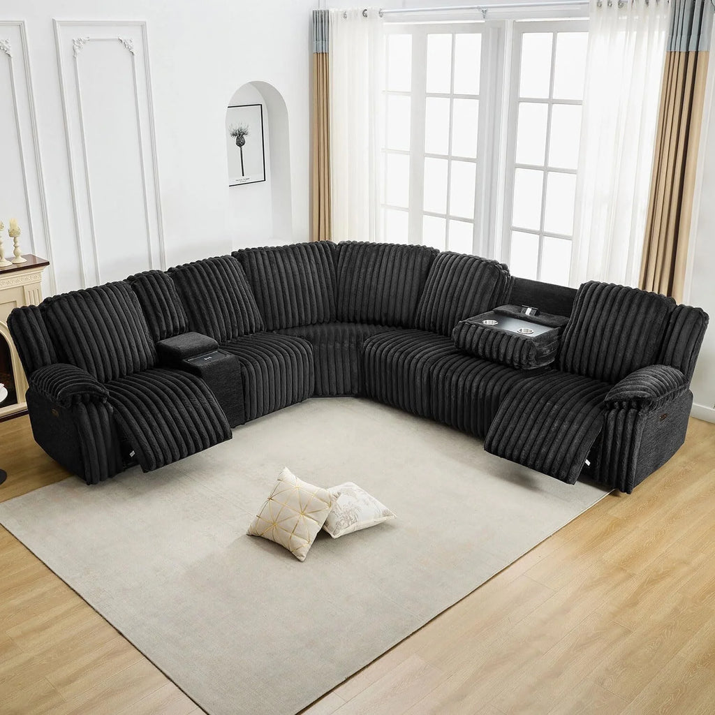 Canapé d’angle inclinable électrique avec chargeur sans fil, 6 places en fausse fourrure avec fauteuils inclinables, porte-gobelets dissimulés, console de rangement, ports USB et Type-C, noir