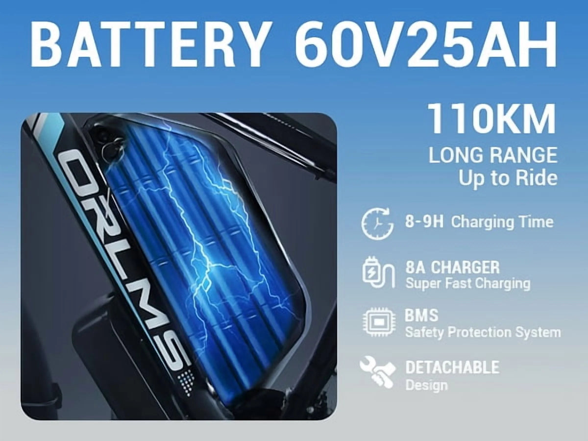 Vélo électrique 5000 W (crête) pour adultes, moto électrique avec batterie 60 V 25 Ah, vélo électrique à double moteur 80 km/h, vélo électrique à pneus larges 26 × 4,0, VTT à transmission intégrale et 21 vitesses pour tous les terrains UL 2849