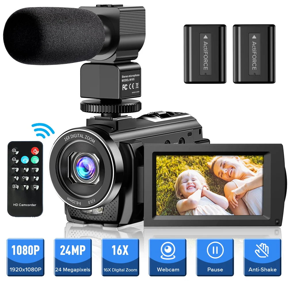 Caméra Vidéo Caméscope Caméra de Vlogging YouTube FHD 1080P 30FPS 24MP Zoom Numérique 16X Écran LCD 3 Rotatif 270 Degrés Appareil Photo Numérique Enregistreur avec Microphone,Télécommande,2 Batteries