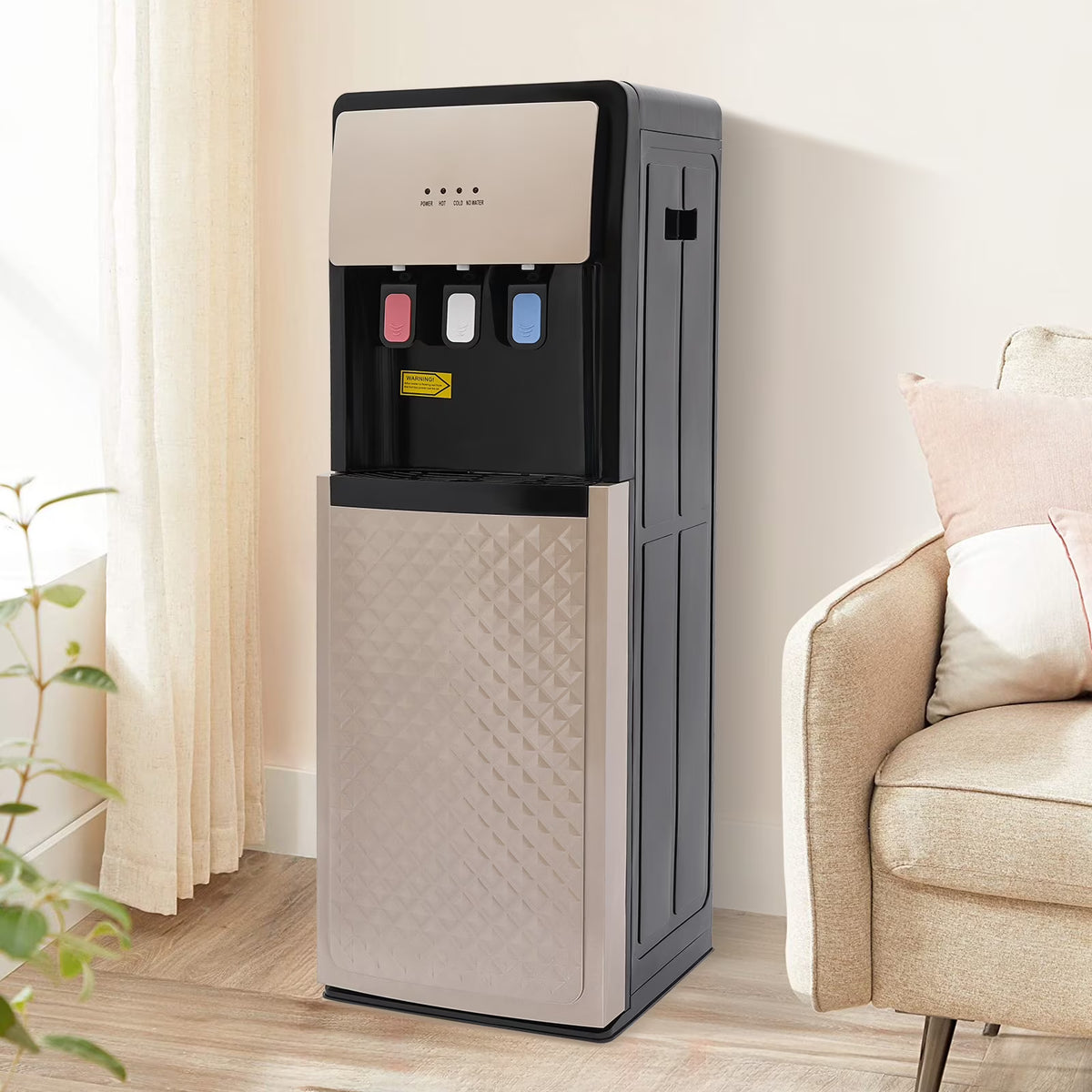 Distributeur d’eau à bonbonne inférieure Or Champagne - Eau chaude, froide et à température ambiante, chauffage 500 W, refroidissement 90 W, conception sûre et conviviale pour la maison et le bureau