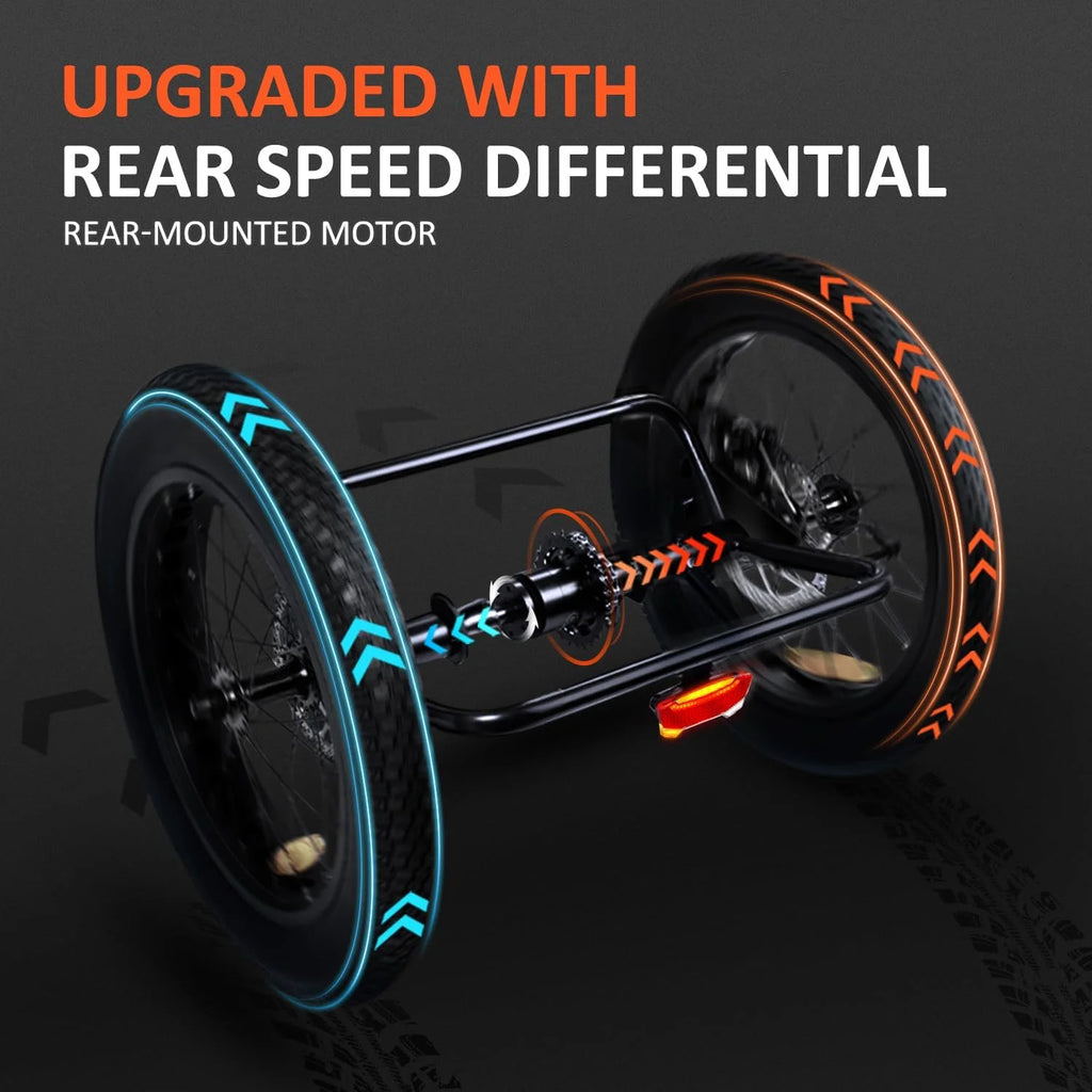 Tricycle électrique semi-allongé Addmotor M-360II, 85 mi, vélo électrique à 3 roues avec pneus larges pour adultes, tricycle électrique 750 W 48 V 20 Ah pour seniors, 20 pouces, avec différentiel de vitesse, vert