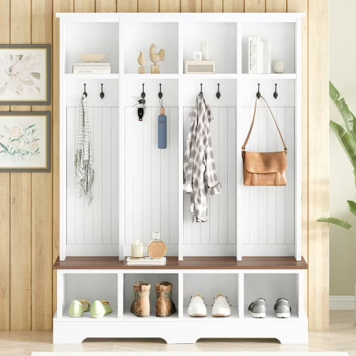 Vestiaire d’entrée style maison de campagne avec banc, meuble d’entrée de 150 cm de large avec 8 crochets et compartiments de rangement, porte-manteau moderne et banc à chaussures pour entrée, blanc