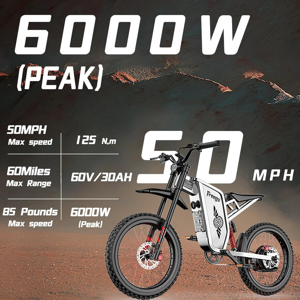 Moteur 6000W(Crête) Batterie 60V/35Ah, Moto électrique Freego X2Pro pour adultes, Vélo électrique  50MPH/7 Vitesses Vélo électrique tout-terrain, Suspension intégrale 19x2/Frein hydraulique à quatre pistons UL2849MTB