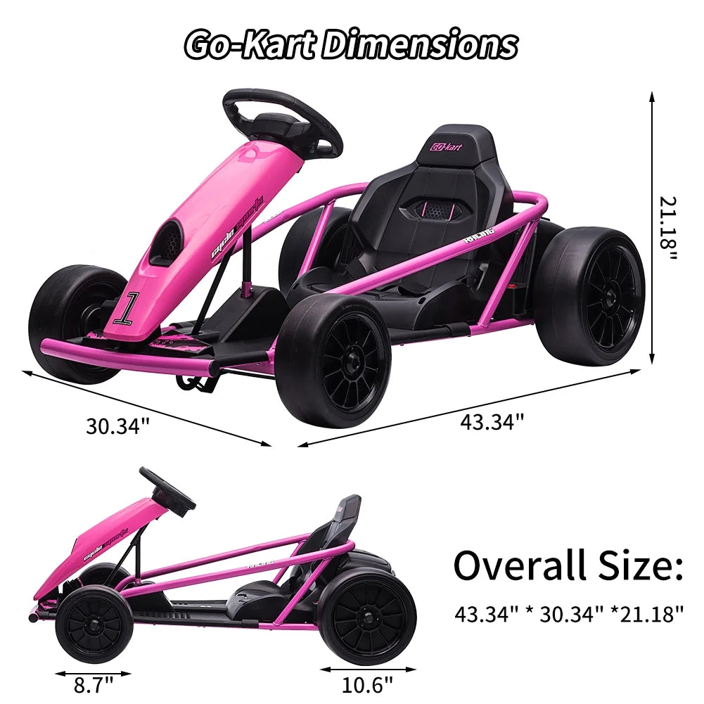 Kojooin Karting pour enfants, Batterie 24V Moteurs 300WX2 Karting à pédales à pied, Voiture de dérapage haute vitesse 8MPH avec fonction de démarrage progressif, Rouge rose