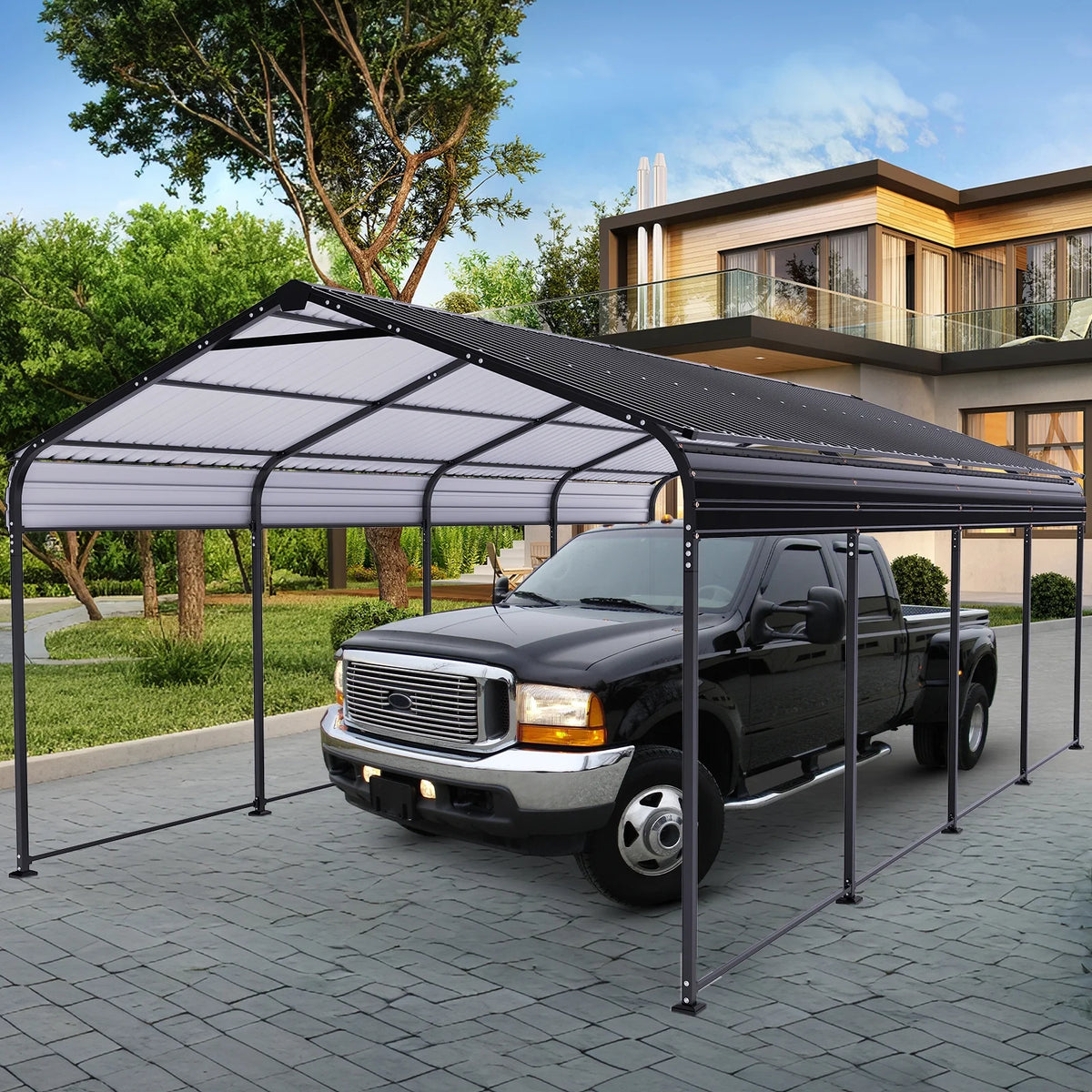 COBIZI Carport 10'x20' Grande tente pour voiture robuste avec structure en acier thermolaqué, garage portable avec parois latérales et portes amovibles, auvent pour voiture avec bâche toutes saisons pour fête en plein air, anniversaire, gris
