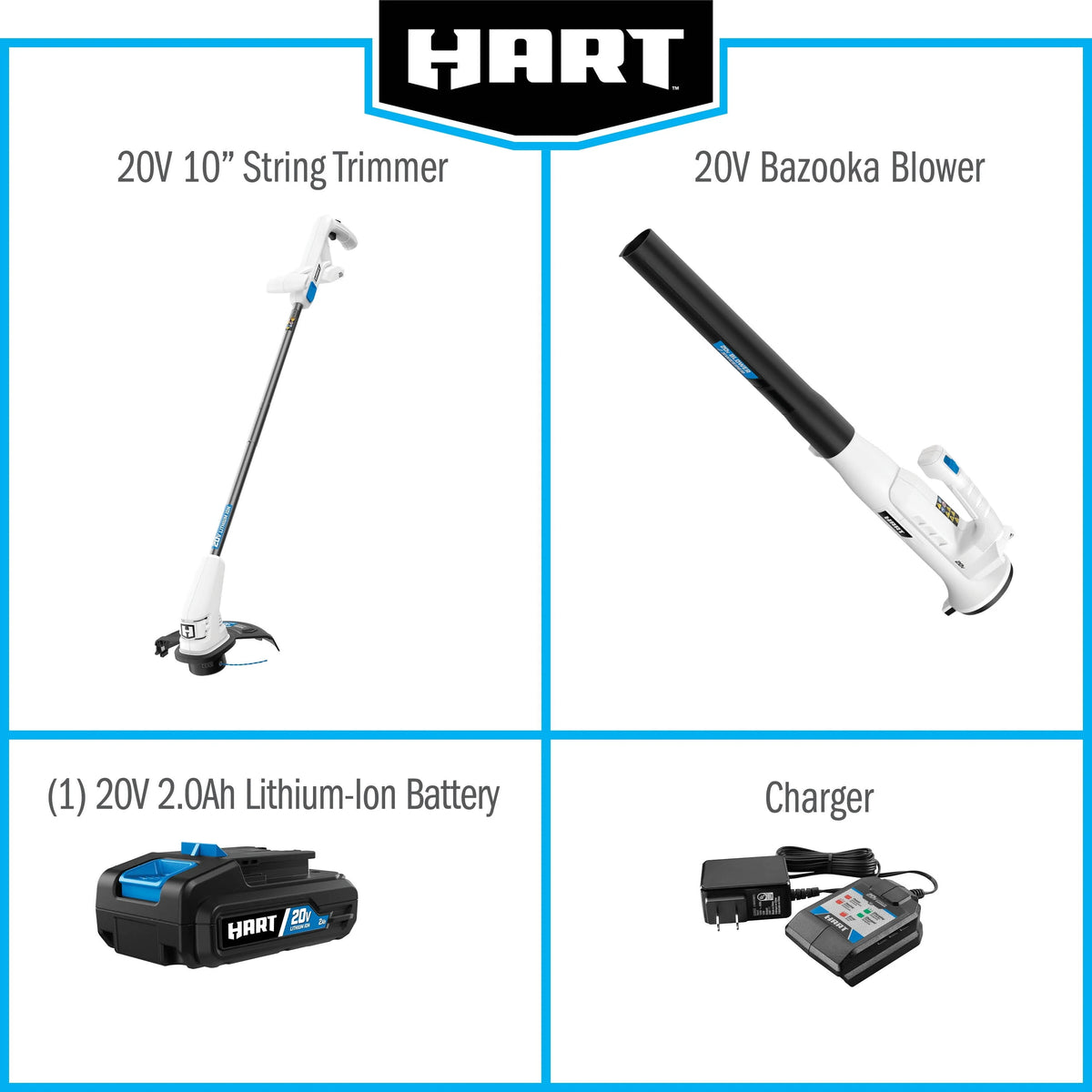 Kit combiné de coupe-bordures/souffleur de feuilles Bazooka HART 20 volts de 10 pouces, (1) batterie lithium-ion 2,0 Ah