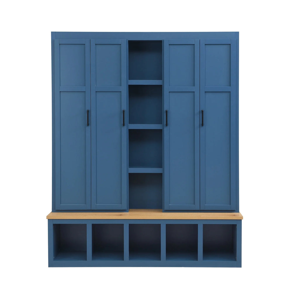 Vestiaire d’entrée style maison de campagne avec banc et rangement pour chaussures, 4-en-1, avec 4 placards, 5 casiers à chaussures et 6 crochets, noir