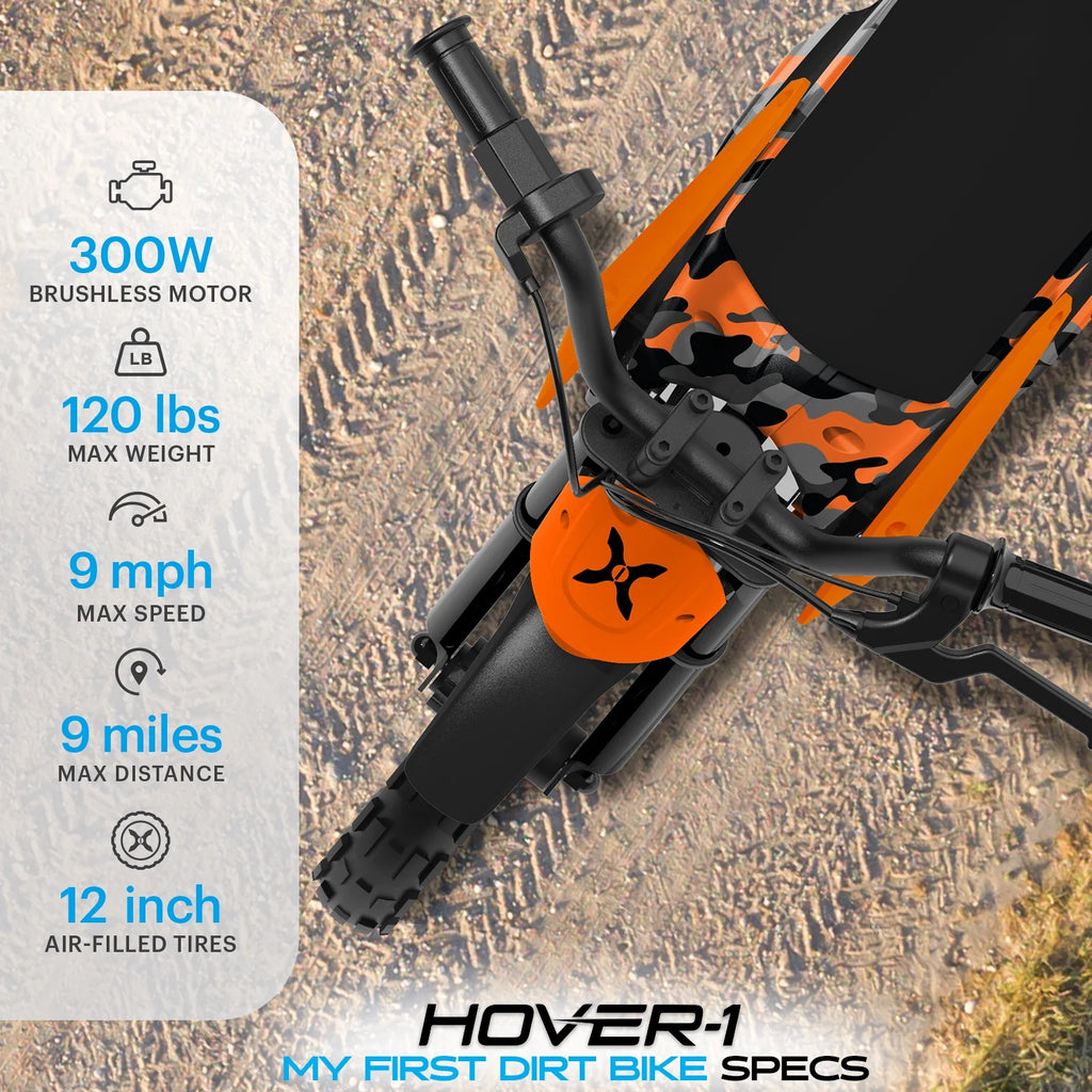 Hover-1 My First Dirt Bike for Kids - 300W Motor, 9MPH Max Speed, 9 Mile Range, 12 Off-Road Tires, 120LB Max Weight, Twist Grip Throttle & Rear Disc Brake Electric Dirt Bike for Kids Ages 5+ Years