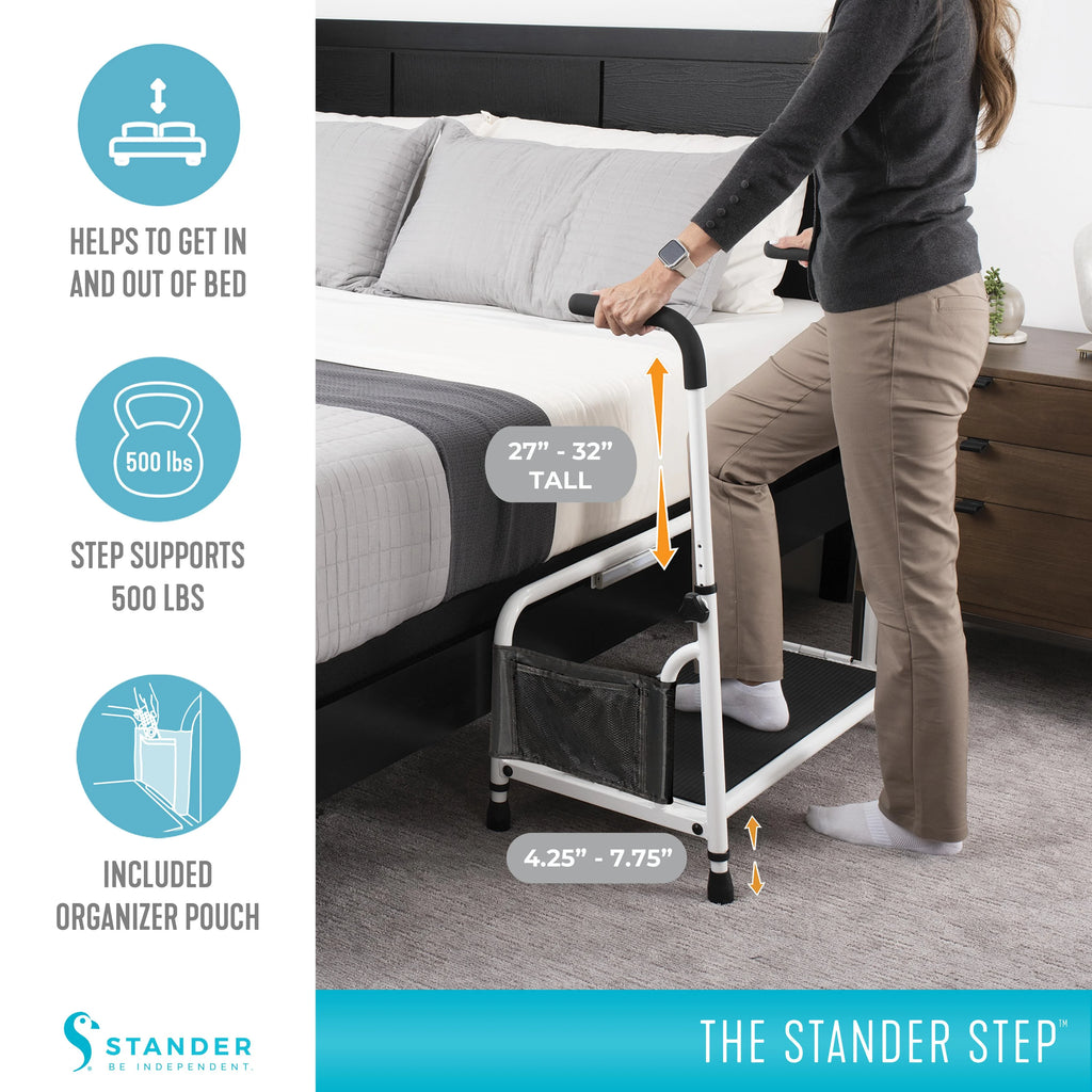 Marchepied Stander, marchepied de lit avec rampes d'appui réglables pour personnes âgées, marchepied extra large robuste, marchepied avec barres d'appui et lumière à détection de mouvement, blanc