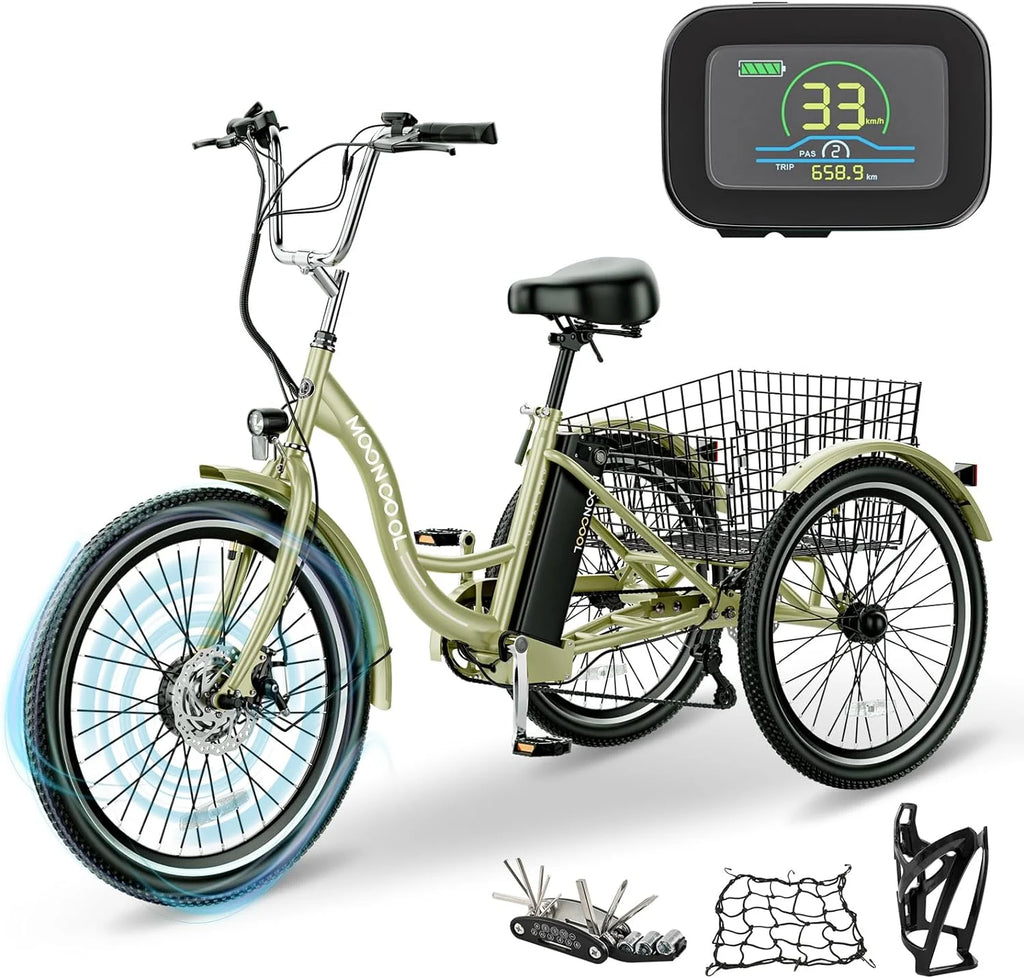 Tricycles électriques ABORON 24 26, batterie au lithium 36 V 10 Ah 350 W, triporteur électrique 7 vitesses pour adultes avec grand panier arrière et siège réglable