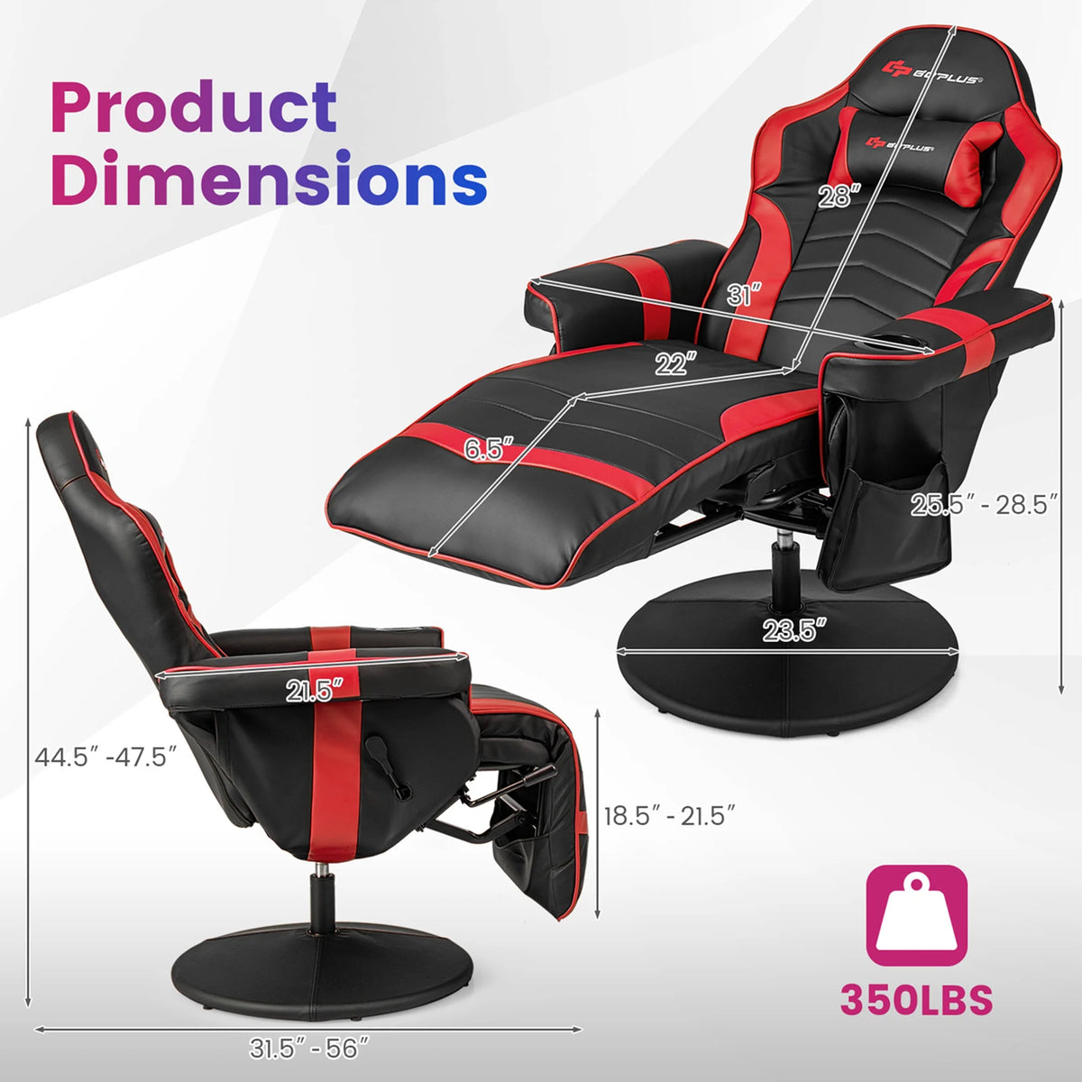 Fauteuil gaming inclinable Goplus avec massage, réglable en hauteur, pivotant, style racing, avec porte-gobelet, rouge
