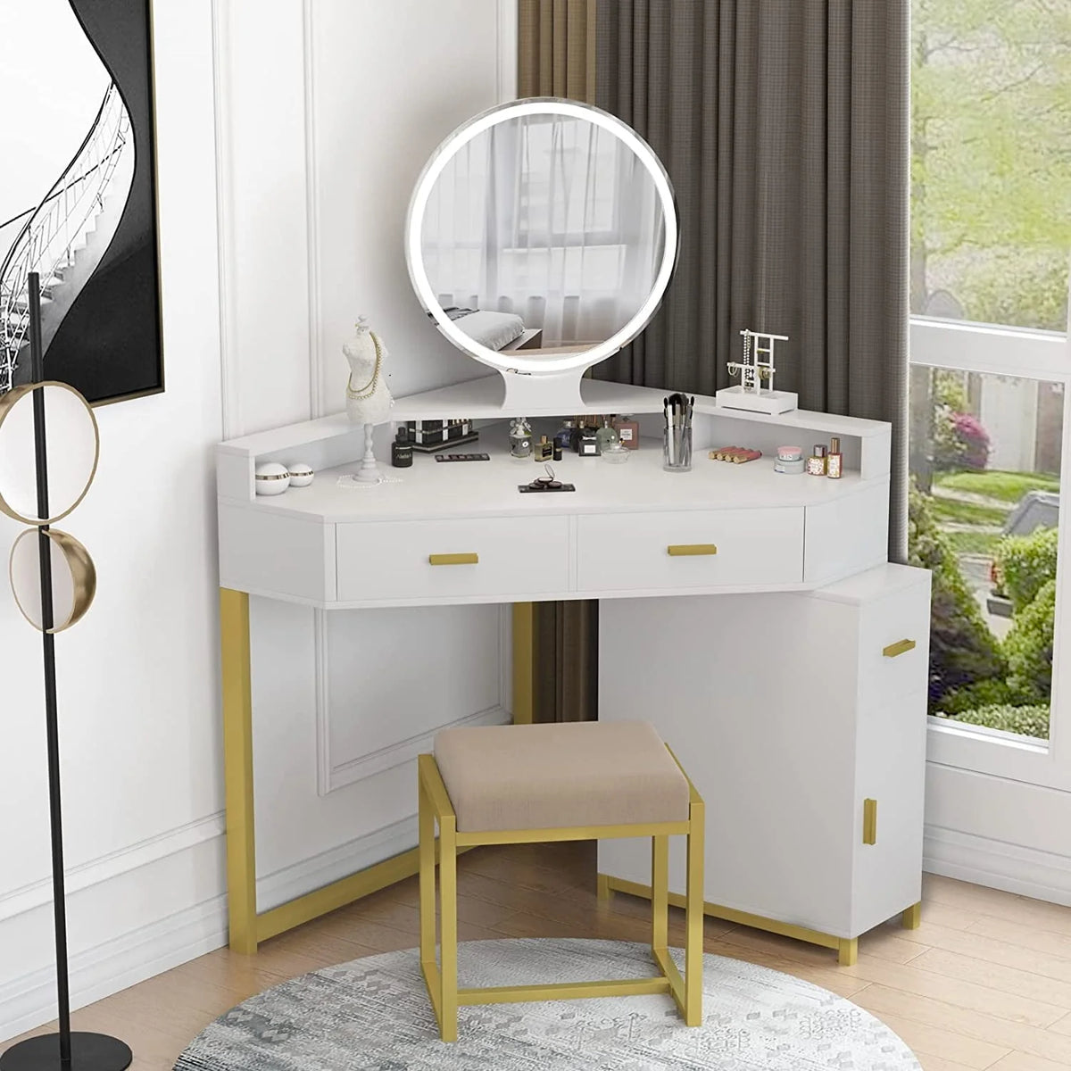 Coiffeuse d’angle avec miroir lumineux, table de maquillage avec tiroirs, meuble et tabouret rembourré, coiffeuse pour fille pour salle de bain ou chambre, blanche, par TZUTOGETHER