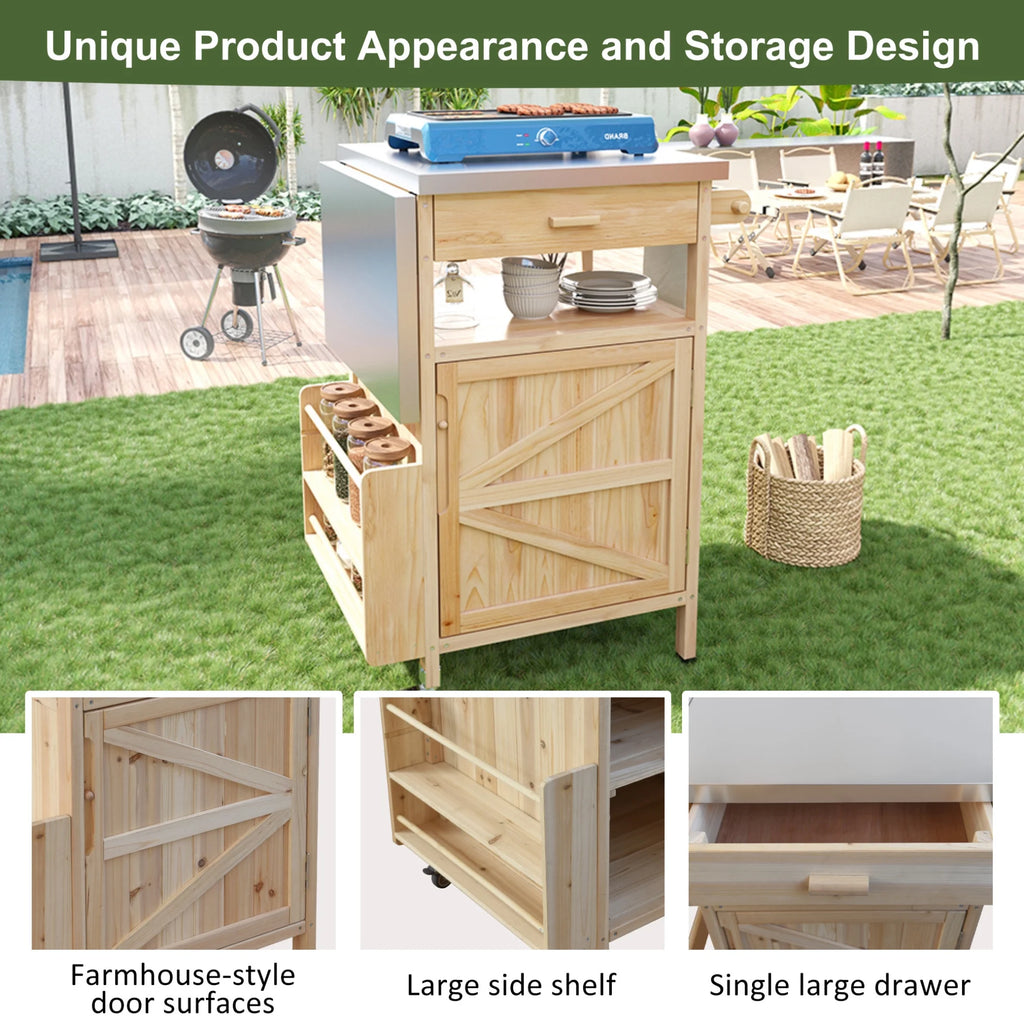 Îlot de cuisine d'extérieur en bois massif avec abattant, table pour barbecue avec plateau en acier inoxydable, chariot de bar d'extérieur et meuble de rangement avec roulettes verrouillables, tiroir, porte-épices, gris-bleu