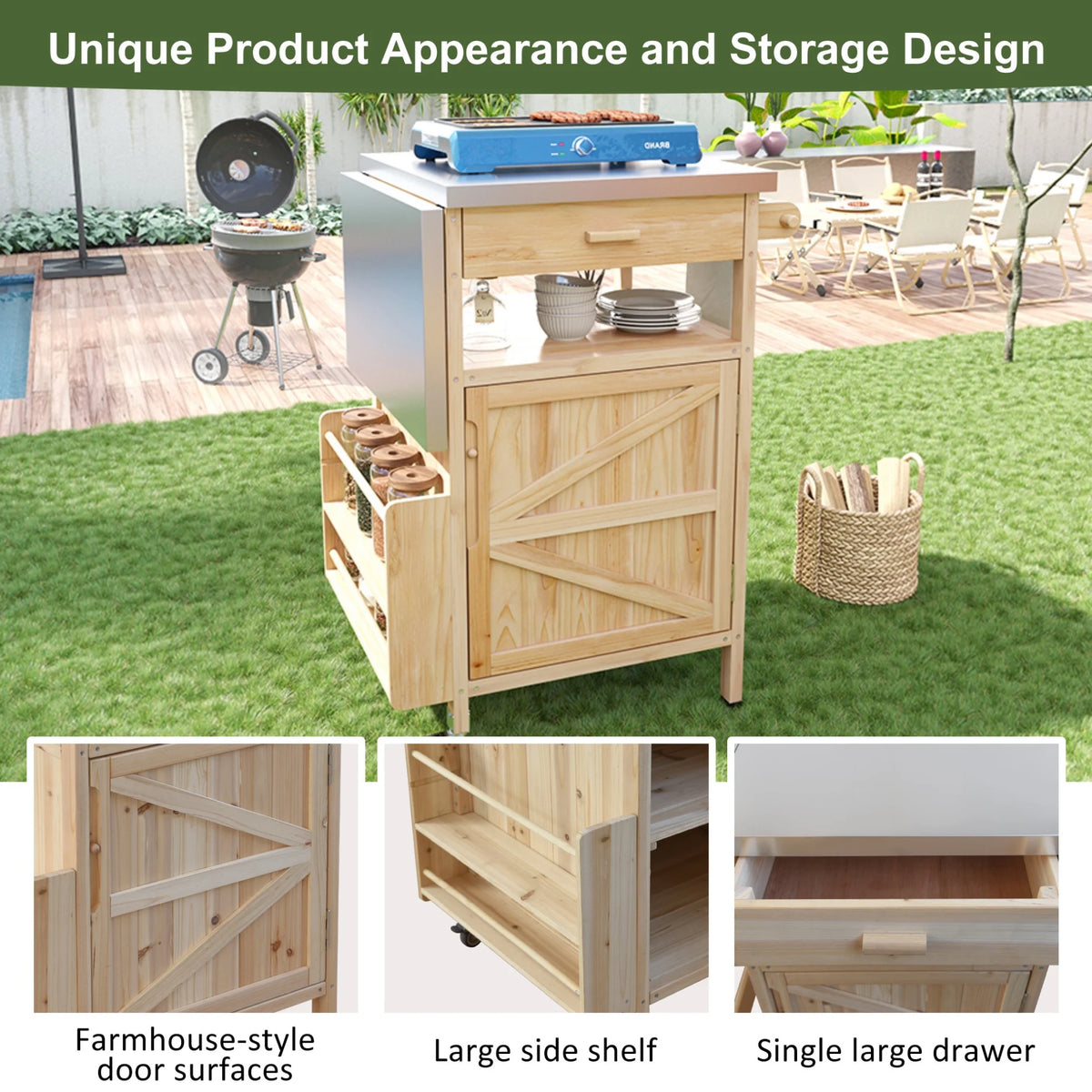 Îlot de cuisine d'extérieur en bois massif avec abattant, table pour barbecue avec plateau en acier inoxydable, chariot de bar d'extérieur et meuble de rangement avec roulettes verrouillables, tiroir, porte-épices, gris-bleu