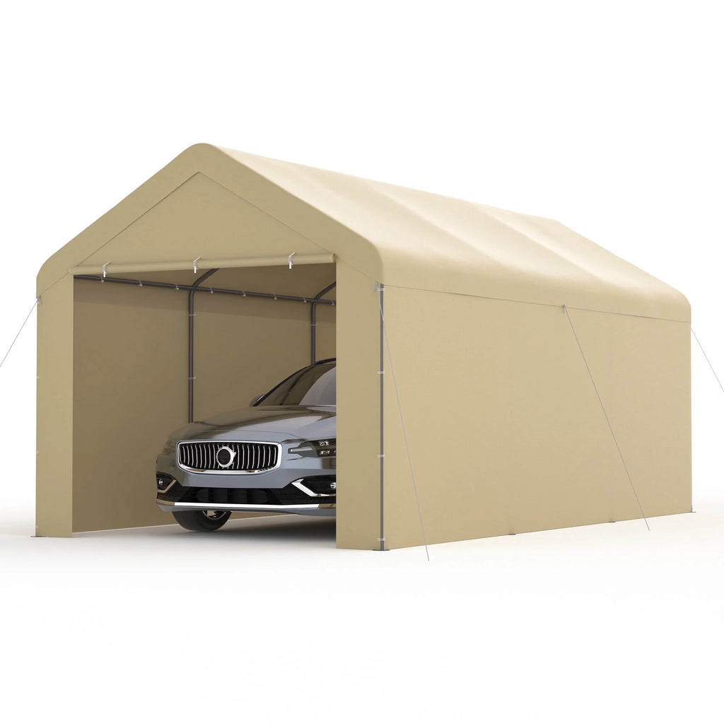 GOJOOASIS Carport, 10 x 20 Abri de voiture robuste avec paroi amovible, Garage portable en PE résistant à l'eau avec bâche toutes saisons Beige