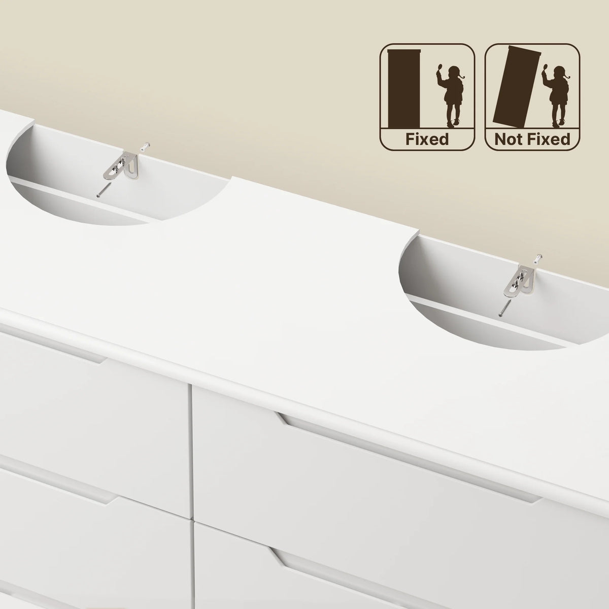Commode pour chambre, commode double Lofka à 6 tiroirs avec poignées découpées, grande capacité de rangement, dispositif anti-basculement, commode moderne en bois, glissières métalliques fluides, blanc