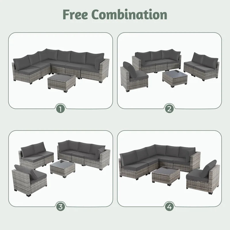 Salon de jardin Ainfox 7 pièces en promotion, canapé en rotin gris avec coussins gris