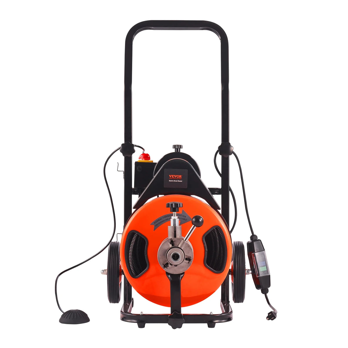 Déboucheur de canalisations VEVOR 30,5 m x 1/2 pouce, furet de canalisation à alimentation automatique avec 4 fraises et pédale de commande à air pour 1 à 4 tuyaux, orange, noir