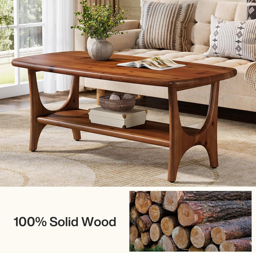 Table basse en bois massif Fimind, table basse rectangulaire moderne du milieu du siècle de 47,24 avec étagère de rangement à 2 niveaux pour salon, petits espaces