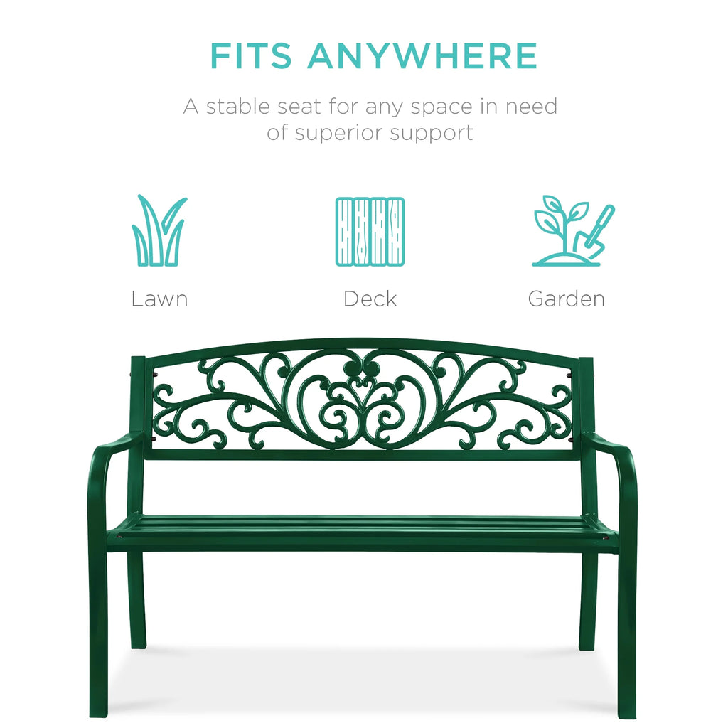 Best Choice Products Banc en Acier d'Extérieur Jardin Patio Porche Meuble avec Dossier à Motif Floral - Noir