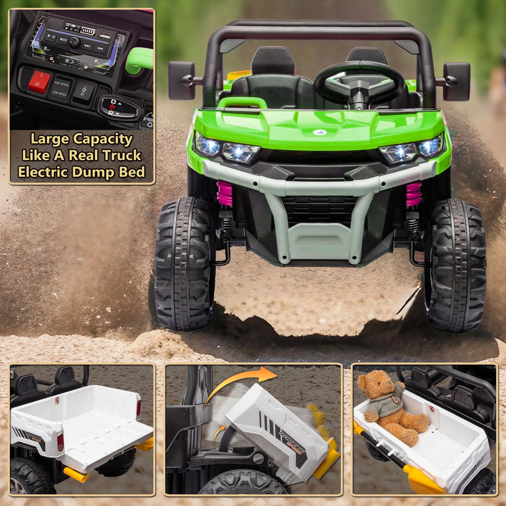 Xuanlur Voiture électrique pour enfants 24V 2 places, UTV avec moteur 2x200W, Jouet électrique 24 volts avec benne/pelle, Voiture électrique pour enfants avec pneus résistants, lumière LED, musique, télécommande, noire