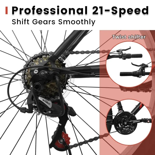POWANLI 26 Vélo tout-terrain pour femme, Vélo de montagne 21 vitesses avec freins à disque doubles et suspension avant de 100 mm, Rose (Cadeau)