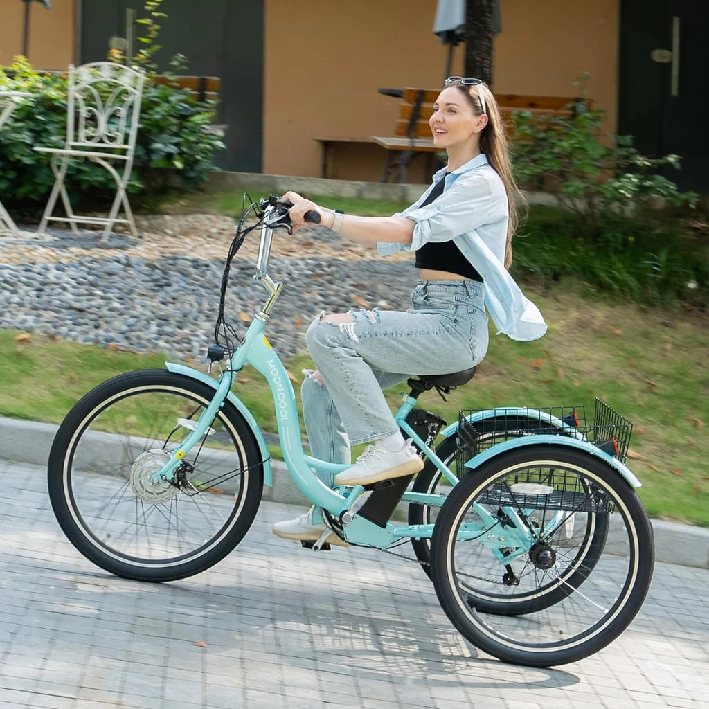 Tricycles électriques ABORON 24 26, batterie au lithium 36 V 10 Ah 350 W, triporteur électrique 7 vitesses pour adultes avec grand panier arrière et siège réglable