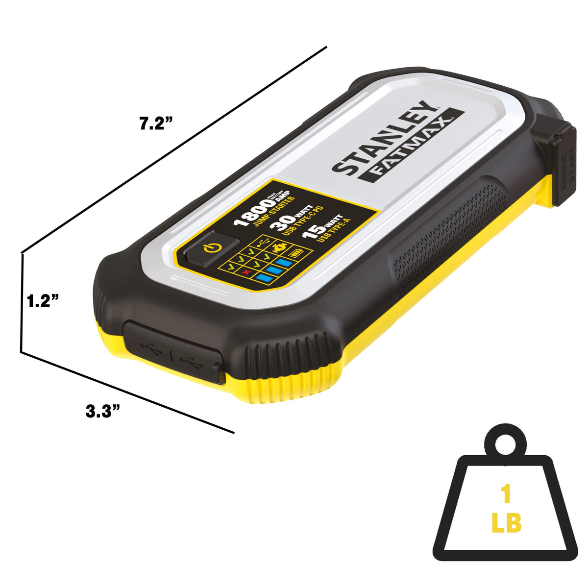 Booster de batterie au lithium Stanley FatMax 1800A avec entrée/sortie USB-C PD 30W et sortie USB-A 15W, pinces incluses