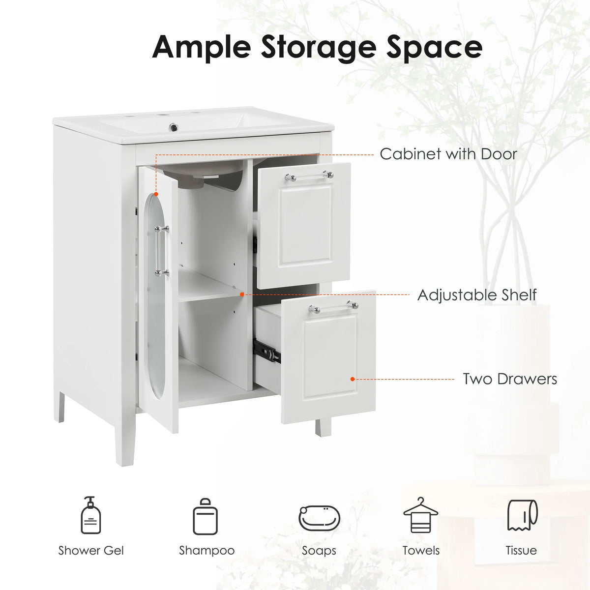 Meuble-lavabo Soges 24 avec vasque en céramique, meuble de toilette en bois massif avec porte, étagère réglable et 2 tiroirs, ensemble lavabo simple autoportant pour petite salle de bains, blanc
