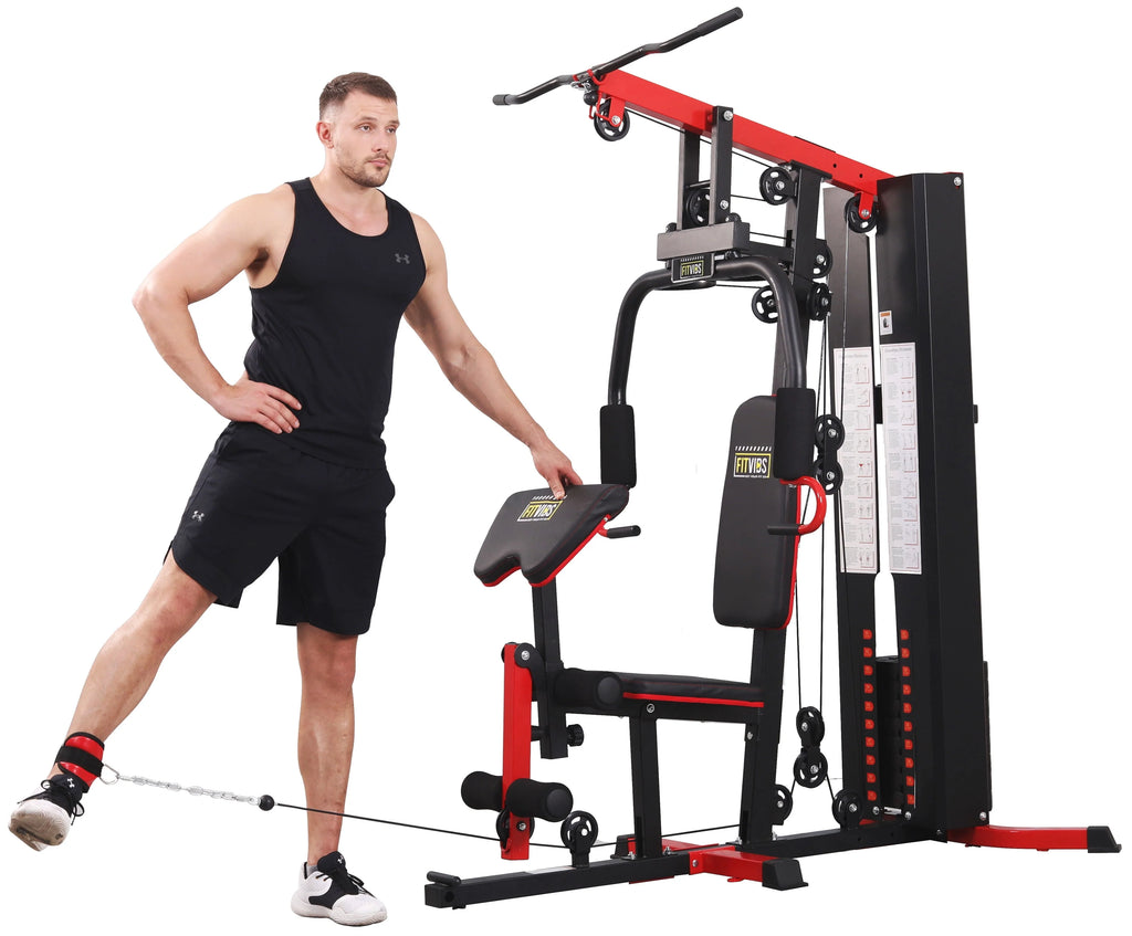 Système de musculation à domicile Fitvids LX750 avec 150 kg de résistance, colonne de poids de 55 kg, une station, livré avec une vidéo d’instructions d’installation, expédié en 5 colis